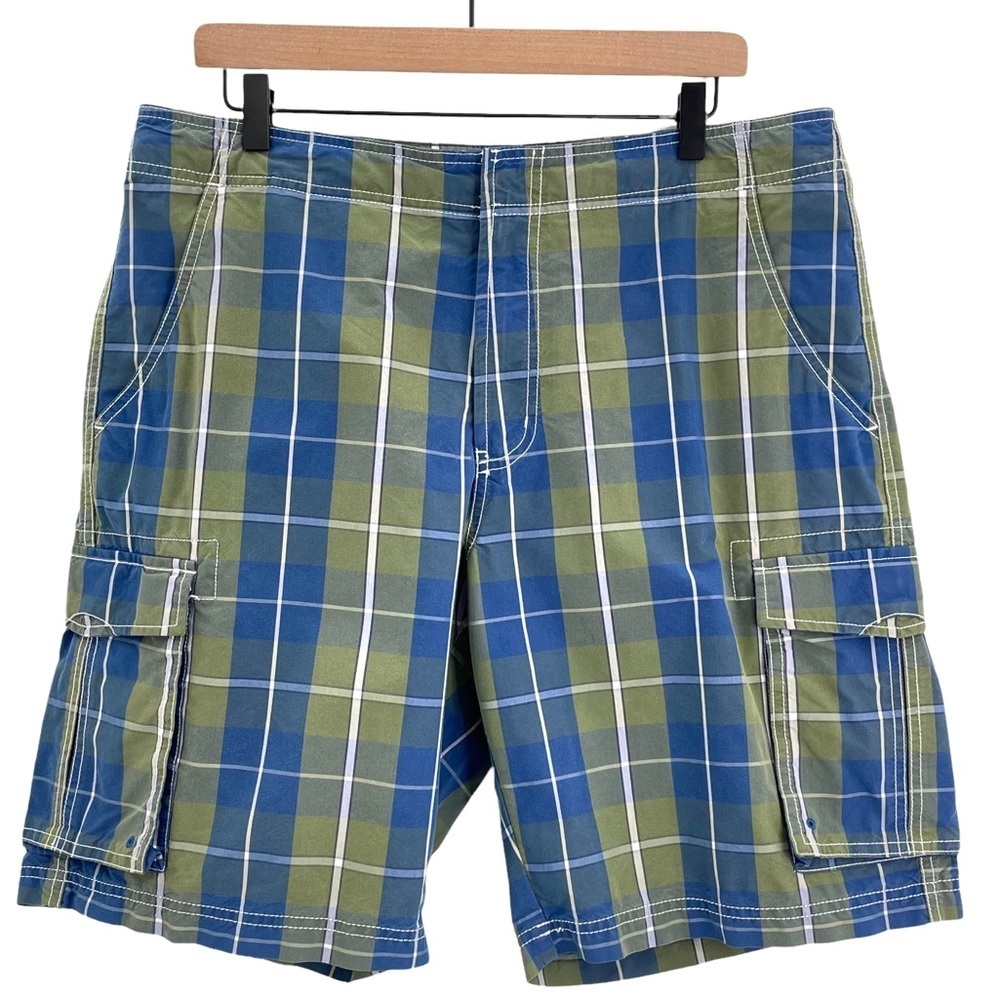 Vintage Y2K L.L. Bean Swim Trunks Preppy Blue Green Plaid Cargo Pockets | 34x10